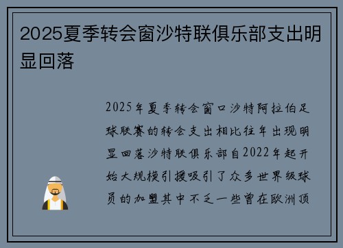 2025夏季转会窗沙特联俱乐部支出明显回落
